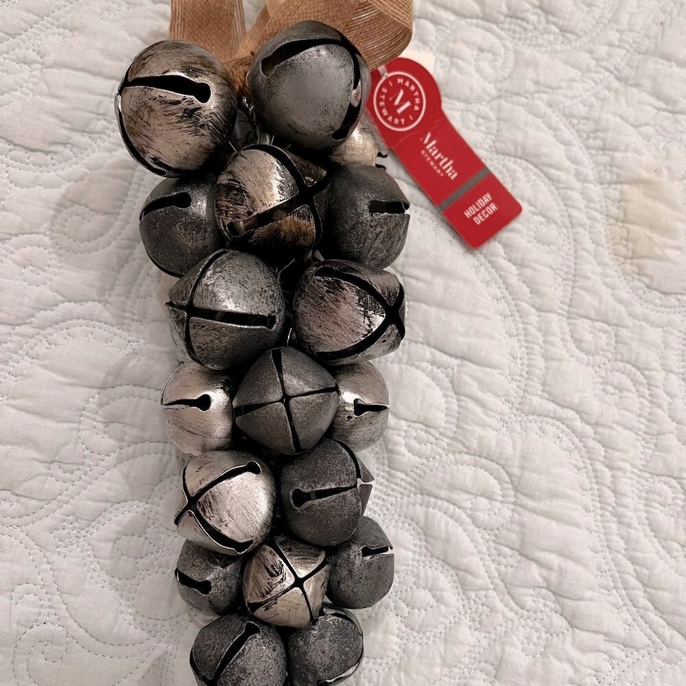 NWT Holiday Martha Stewart Silver Rustic Jingle Bells with Burlap Tan Ribbon